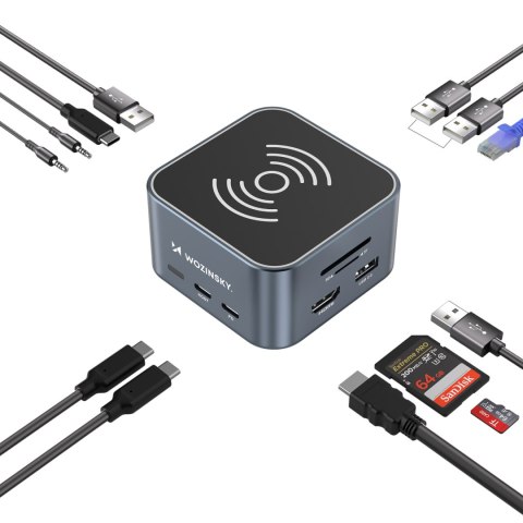 12w1 Hub z ładowarką bezprzewodową USB-A USB-C HDMI RJ45 SD TF mini jack - szary 12w1 Hub z ładowarką bezprzewodową USB-A USB-C HDMI RJ45 SD TF mini jack - szary