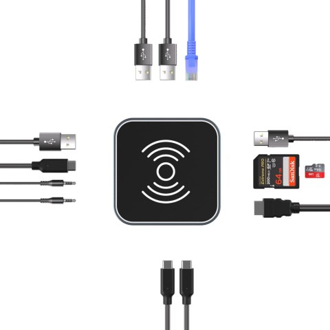 12w1 Hub z ładowarką bezprzewodową USB-A USB-C HDMI RJ45 SD TF mini jack - szary 12w1 Hub z ładowarką bezprzewodową USB-A USB-C HDMI RJ45 SD TF mini jack - szary