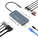 14w1 HUB do 3 monitorów USB-A USB-C DisplayPort HDMI RJ45 SD TF mini jack - szary 14w1 HUB do 3 monitorów USB-A USB-C DisplayPort HDMI RJ45 SD TF mini jack - szary