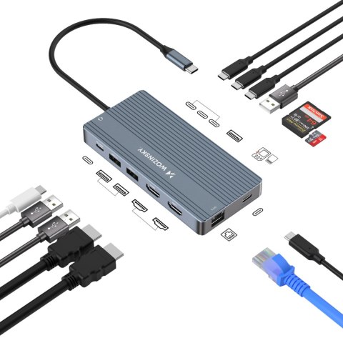 14w1 HUB do 3 monitorów USB-A USB-C DisplayPort HDMI RJ45 SD TF mini jack - szary 14w1 HUB do 3 monitorów USB-A USB-C DisplayPort HDMI RJ45 SD TF mini jack - szary