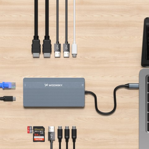 14w1 HUB do 3 monitorów USB-A USB-C DisplayPort HDMI RJ45 SD TF mini jack - szary 14w1 HUB do 3 monitorów USB-A USB-C DisplayPort HDMI RJ45 SD TF mini jack - szary