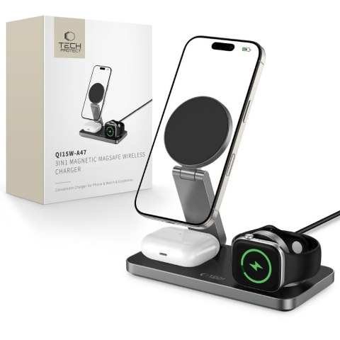 Ładowarka indukcyjna 3w1 do smartfona smartwatcha słuchawek z kablem USB-C - czarna Ładowarka indukcyjna 3w1 do smartfona smartwatcha słuchawek z kablem USB-C - czarna