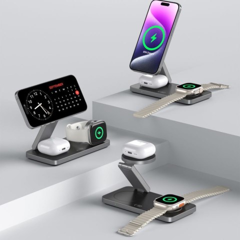 Ładowarka indukcyjna 3w1 do smartfona smartwatcha słuchawek z kablem USB-C - czarna Ładowarka indukcyjna 3w1 do smartfona smartwatcha słuchawek z kablem USB-C - czarna