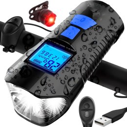 Lampka rowerowa akumulatorowa na kierownicę z licznikiem dzwonkiem wodoodporna 300 lm