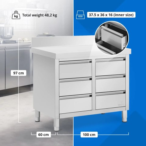 Szafka gastronomiczna przyścienna z rantem 6 szuflad STAL 100 x 60 cm