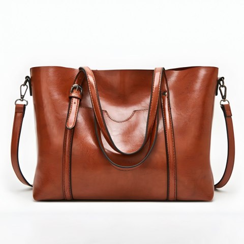 Torebka damska miejska pojemna z eko skóry na ramię - brązowa Torebka damska miejska pojemna z eko skóry na ramię - brązowa