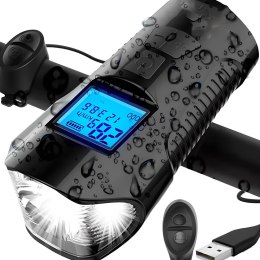 Lampka rowerowa akumulatorowa 5w1 z licznikiem dzwonkiem 1500 mAh