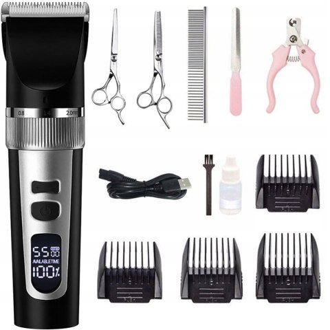 Maszynka bezprzewodowa do strzyżenia psów zwierząt LCD 9 W 4 nasadki