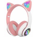 Słuchawki bezprzewodowe dla dzieci Bluetooth świecące LED RGB SD kot - biało różowe