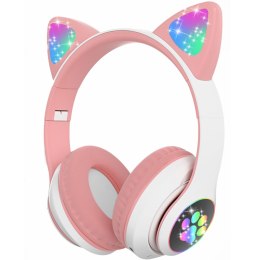 Słuchawki bezprzewodowe dla dzieci Bluetooth świecące LED RGB SD kot - biało różowe