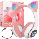 Słuchawki bezprzewodowe dla dzieci Bluetooth świecące LED RGB SD kot - biało różowe