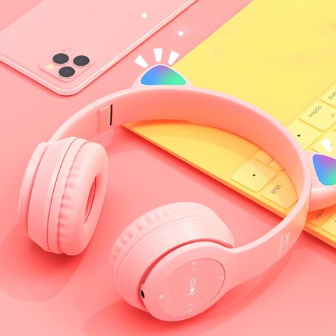 Słuchawki bezprzewodowe dla dzieci FM Bluetooth świecące LED SD kot - różowe