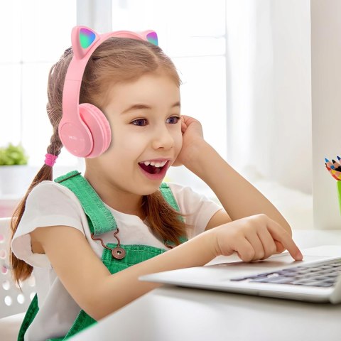 Słuchawki bezprzewodowe dla dzieci FM Bluetooth świecące LED SD kot - różowe