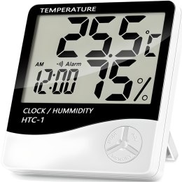 Termometr higrometr cyfrowy z zegarkiem budzikiem datą stojący na baterie 0-50C