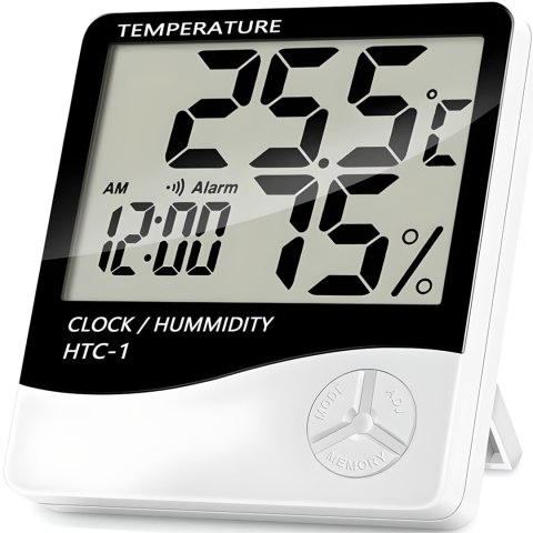 Termometr higrometr cyfrowy z zegarkiem budzikiem datą stojący na baterie 0-50C Termometr higrometr cyfrowy z zegarkiem budzikiem datą stojący na baterie 0-50C