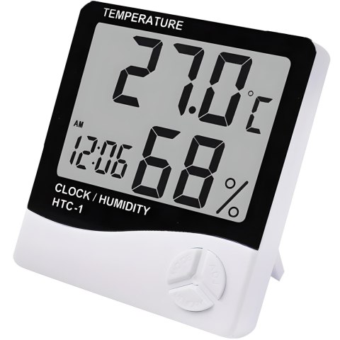 Termometr higrometr cyfrowy z zegarkiem budzikiem datą stojący na baterie 0-50C Termometr higrometr cyfrowy z zegarkiem budzikiem datą stojący na baterie 0-50C