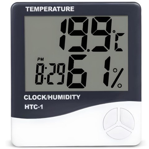 Termometr higrometr cyfrowy z zegarkiem budzikiem datą stojący na baterie 0-50C Termometr higrometr cyfrowy z zegarkiem budzikiem datą stojący na baterie 0-50C