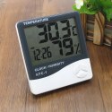 Termometr higrometr cyfrowy z zegarkiem budzikiem datą stojący na baterie 0-50C