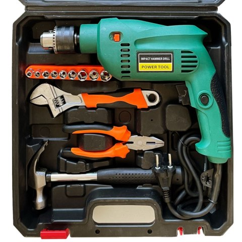 Zestaw narzędzi z wiertarką udarową młotek kombinerki wiertła 550 W - 37 el. Zestaw narzędzi z wiertarką udarową młotek kombinerki wiertła 550 W - 37 el.