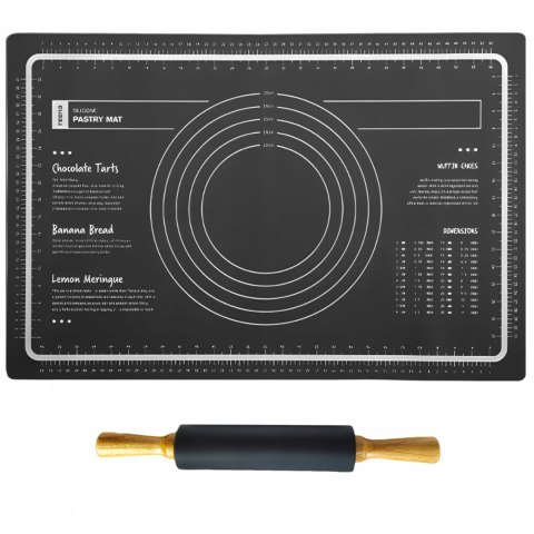 Zestaw wałek i stolnica mata silikonowa z podziałką do ciasta 60 x 40 cm - czarne Zestaw wałek i stolnica mata silikonowa z podziałką do ciasta 60 x 40 cm - czarne