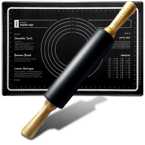 Zestaw wałek i stolnica mata silikonowa z podziałką do ciasta 60 x 40 cm - czarne Zestaw wałek i stolnica mata silikonowa z podziałką do ciasta 60 x 40 cm - czarne