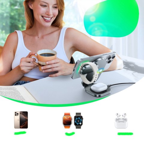 Ładowarka indukcyjna bezprzewodowa 3w1 do telefonu zegarka słuchawek Qi 15 W - czarna