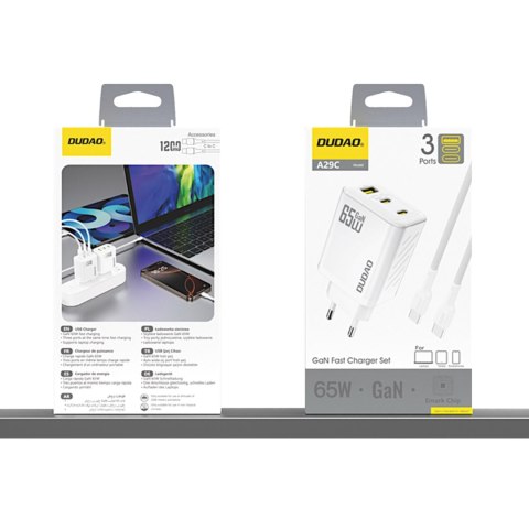 Ładowarka sieciowa GaN z kablem USB-C 1m 65W -biała Ładowarka sieciowa GaN z kablem USB-C 1m 65W -biała