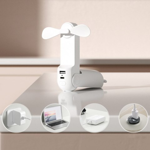 Mini wentylator wiatrak przenośny z funkcją powerbanka latarką USB-A USB-C 2000mAh - biały Mini wentylator wiatrak przenośny z funkcją powerbanka latarką USB-A USB-C 2000mAh - biały