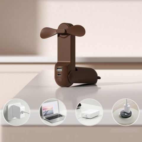 Mini wentylator wiatrak przenośny z funkcją powerbanka latarką USB-A USB-C 2000mAh - brązowy Mini wentylator wiatrak przenośny z funkcją powerbanka latarką USB-A USB-C 2000mAh - brązowy