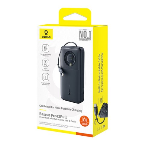 Powerbank Free2Pull 20000mAh z rozwijanym kablem USB-C 65W - czarny