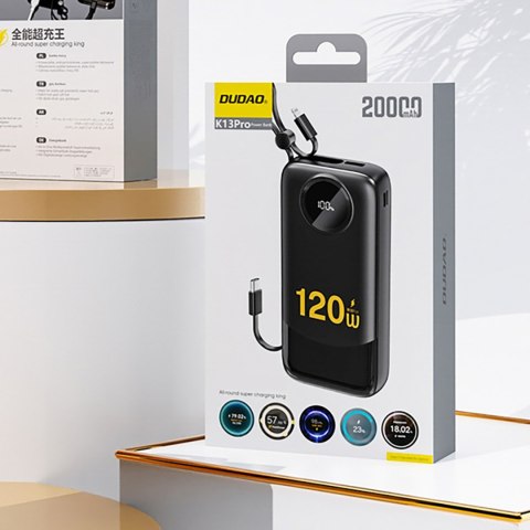 Powerbank K13 10000mAh z wbudowanym kablem - czarny Powerbank K13 10000mAh z wbudowanym kablem - czarny