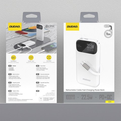 Powerbank K31 10000 mAh 22.5W PD z wbudowanym kablem - biały Powerbank K31 10000 mAh 22.5W PD z wbudowanym kablem - biały