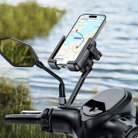 Uchwyt motocyklowy z amortyzacją na telefon do lusterka - czarny Uchwyt motocyklowy z amortyzacją na telefon do lusterka - czarny