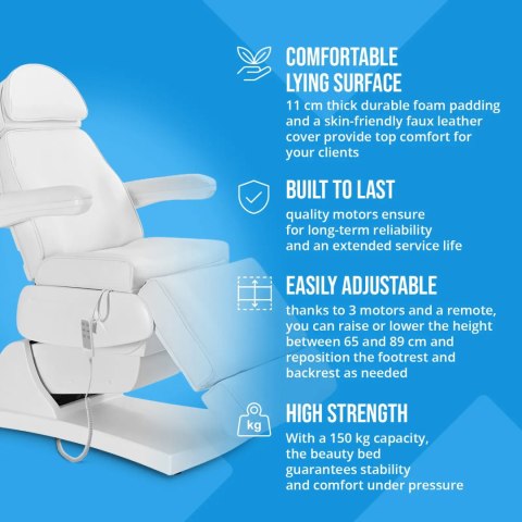 Fotel kosmetyczny do tatuażu masażu spa elektryczny 3 silniki 200 W LATINA - biały Fotel kosmetyczny do tatuażu masażu spa elektryczny 3 silniki 200 W LATINA - biały