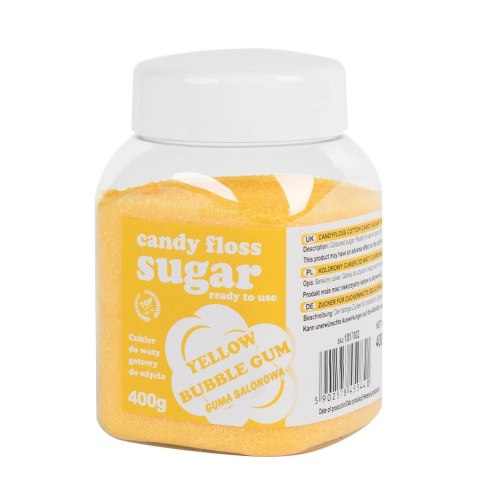 Kolorowy cukier do waty cukrowej żółty o smaku gumy balonowej 400g Kolorowy cukier do waty cukrowej żółty o smaku gumy balonowej 400g