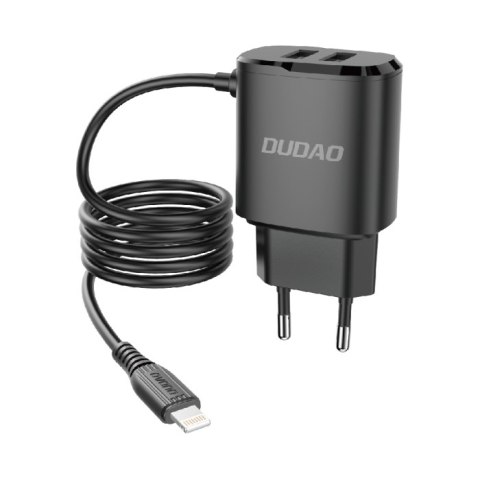 Ładowarka sieciowa 2x USB z wbudowanym kablem do iPhone Lightning 12W czarny Ładowarka sieciowa 2x USB z wbudowanym kablem do iPhone Lightning 12W czarny