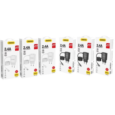 Ładowarka sieciowa 2x USB z wbudowanym kablem do iPhone Lightning 12W czarny Ładowarka sieciowa 2x USB z wbudowanym kablem do iPhone Lightning 12W czarny