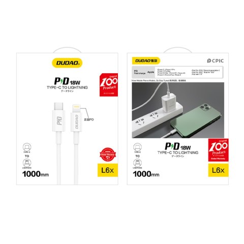 Kabel przewód L6X USB-C - iPhone Lightning PD 20W 1m - biały Kabel przewód L6X USB-C - iPhone Lightning PD 20W 1m - biały