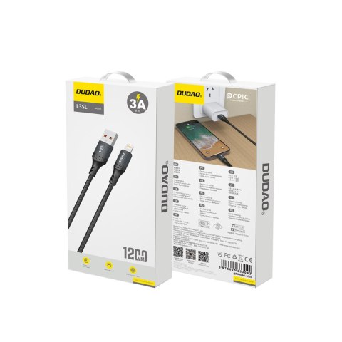 Kabel przewód USB-A - iPhone Lightning w oplocie 3A 30W 1.2m - czarny Kabel przewód USB-A - iPhone Lightning w oplocie 3A 30W 1.2m - czarny