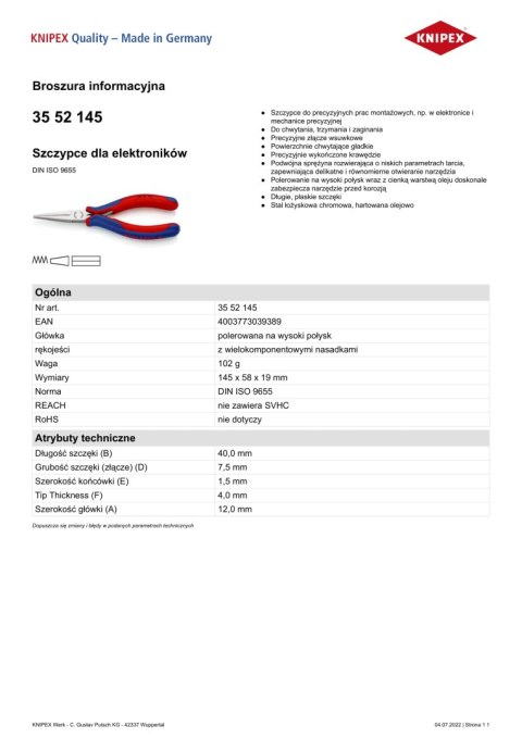 SZCZYPCE DLA ELEKTRONIKÓW 145MM KNIPEX