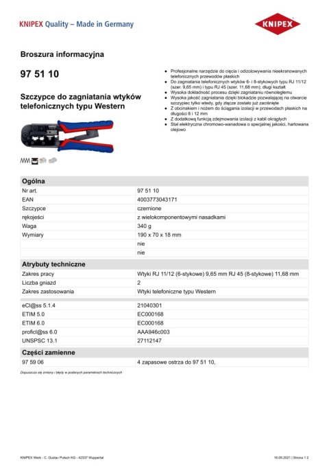 SZCZYPCE DO ZAGNIATANIA WTYKÓW TELEFONICZNYCH TYPU WESTERN KNIPEX