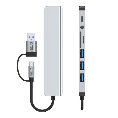 HUB rozdzielacz wielofunkcyjny 8w1 USB-C USB-A SD/TF AV3.5 - szary