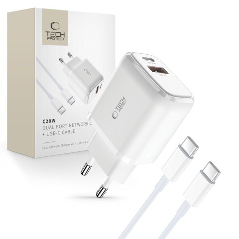 Ładowarka sieciowa C20W USB-C USB-A 20W z kablem USB-C - biała