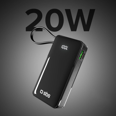 Powerbank 10000mAh USB-A USB-C z wyświetlaczem wbudowanym kablem USB-C 20W - czarny