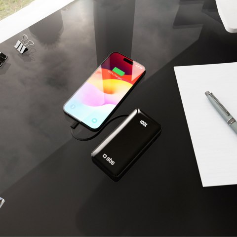 Powerbank 10000mAh USB-A USB-C z wyświetlaczem wbudowanym kablem USB-C 20W - czarny