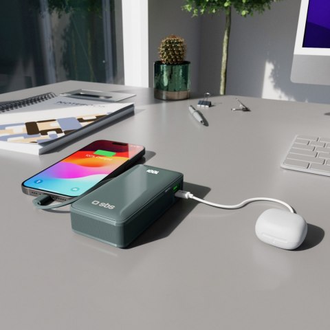 Powerbank 10000mAh USB-A USB-C z wyświetlaczem wbudowanym kablem USB-C 20W - szary