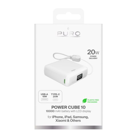 Powerbank 10000mAh USB-A USB-C z wyświetlaczem wbudowanym kablem USB-C 20W - biały