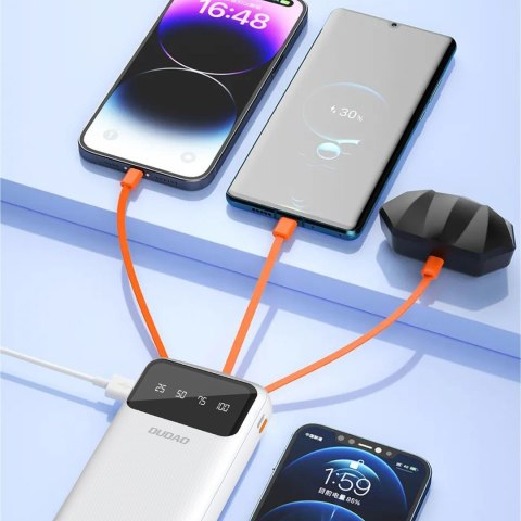 Powerbank K6Pro+ 20000mAh z wbudowanymi kablami USB-C microUSB iPhone Lightning - biały