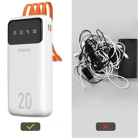 Powerbank K6Pro+ 20000mAh z wbudowanymi kablami USB-C microUSB iPhone Lightning - biały