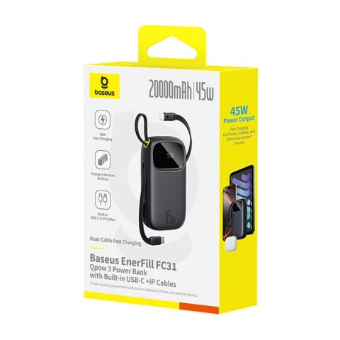 Powerbank 20000mAh 45W z wyświetlaczem kablami USB-C Lightning EnerFill FC31 - czarny